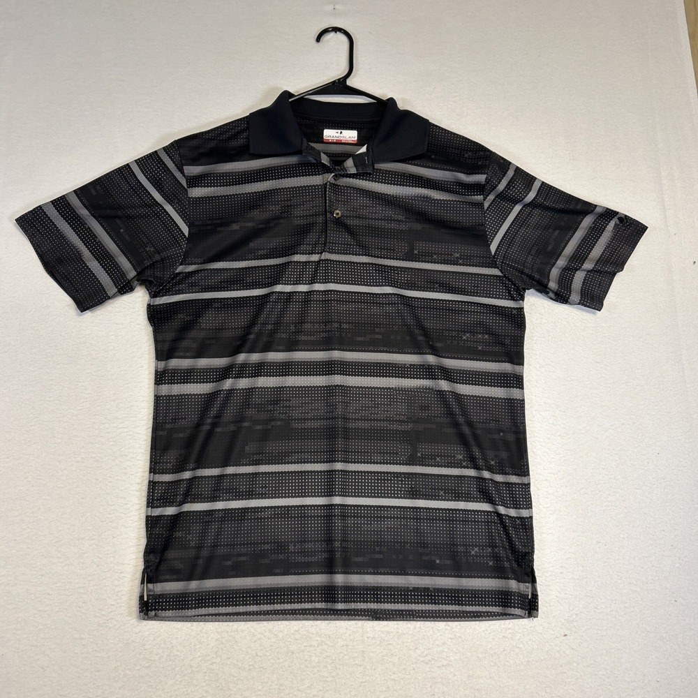 Grand Slam Mens Short Sleeve Golf Polo Shirt Black Grey Striped Medium